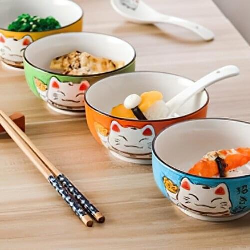 Lucky Cat Round Ceramic Bowl Restaurant Household Bone China Salad Bowl Noodle Soup Bowl Tableware Ramen Bowl Vegetable Bowl