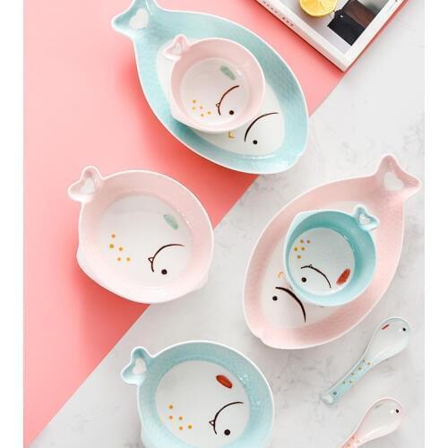 Japanese Style Kids Cute Fish with Love Tail Dinnerware Set Plate Bowl Sauce Dish Spoon Cartoon Tableware Kitchen Tools Blue