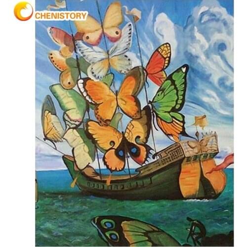 CHENISTORY Frame Picture Painting By Numbers Butterfly Boat Acrylic Wall Art Coloring By Numbers For Diy Gift Artcraft 60x75cm