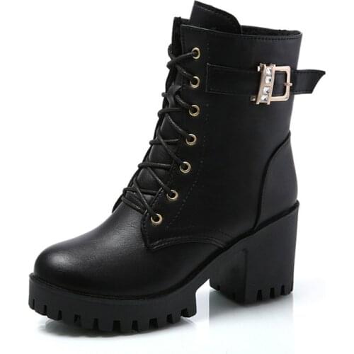 Autumn and Winter New Women Martin Boots Leather Round Toe Ladies Snow Boots Cross-tied Square Heels Women Boots