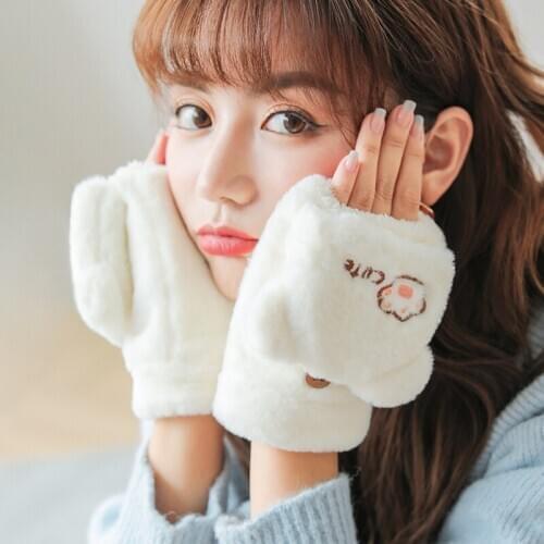 Autumn and Winter Half-finger Gloves for Men and Women Plus Velvet Thick Windproof Warmth Flip Cute Cartoon Cold Gloves