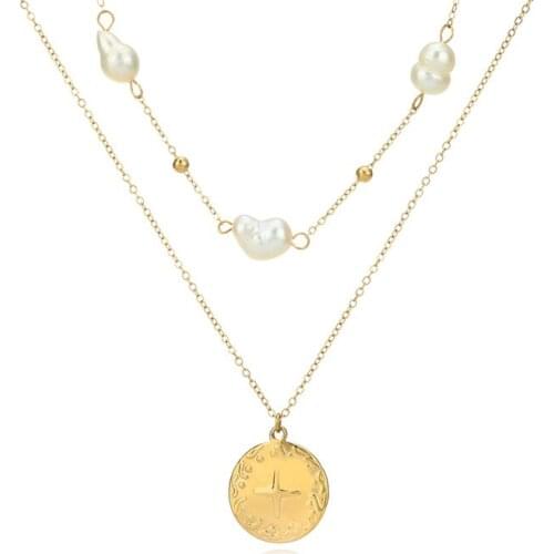 Stainless Steel Pearl Pendant Necklaces Double Layer Vintage Round Charm Clavicle Chain Hip Hop Choker For Women Jewelry Gifts