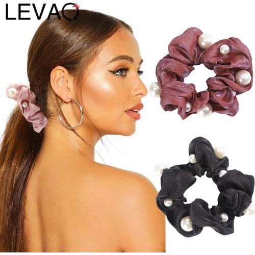 Levao Pearl Scrunchies Hair Bow Rope Large Rubber Bands for Women Leopard Solid Elastic Hair Bands Ponytail Hair Accessories