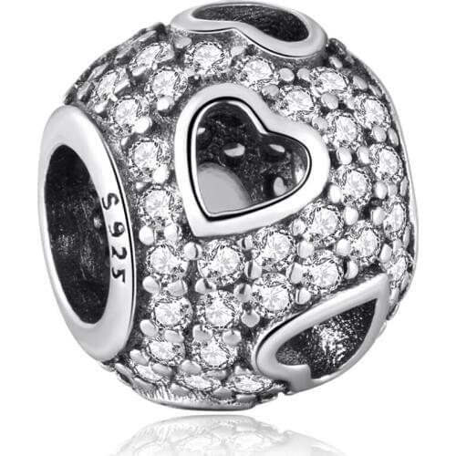 Authentic S925 Bead DIY Jewelry Tumbling Hearts Charm fit Lady Bracelet Bangle Clear CZ Girl Gift
