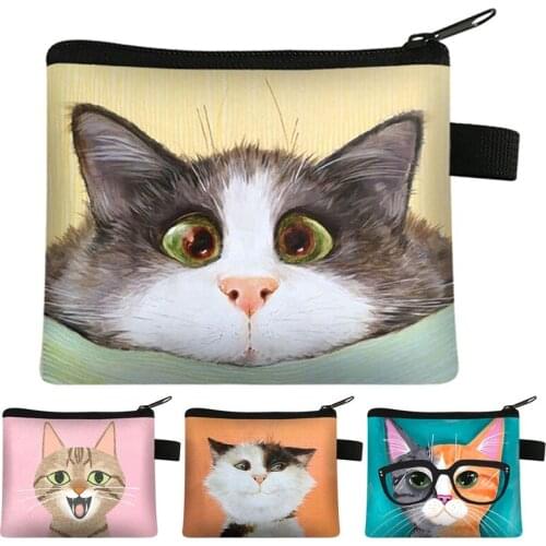 Cute Cat Print Coin Purses Mini Cloth Coin Wallet ID Credit Card Holder Pocket Women Girls Funny Cat Face Money Coin Purse Bag