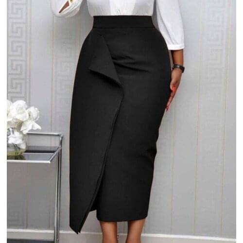 Women Black Bodycon Pencil Skirts High Waist Slim Midi Modest Classy Female Package Hip Jupes Falad Officewear Elegant Fashion
