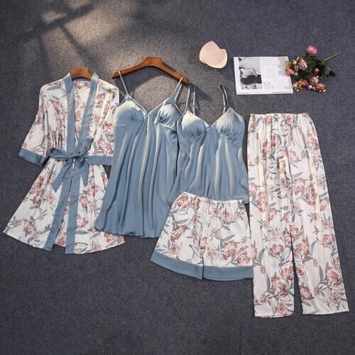 Lady Print Flower 5PCS Nighty&Robe Suit Sleepwear Silky Satin Nightwear Kimono Bathrobe Gown Casual Nightgown Home Clothes