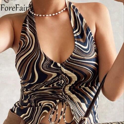Forefair 2021 Summer Halter Neck Crop Top Y2k Women Backless Off Shoulder Print Ruched Brown Vintage Sexy Tank Tops 90s Fashion