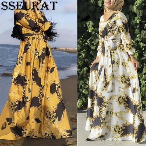 SSEURAT 2021 Autumn Women Fashion Print Floor Length O-neck Maxi Dress for Women Long Sleeve Maxi Dresses Vestidos
