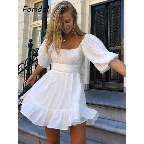 Foridol White Vinatge Summer Dress Women Sexy Backless Puff Sleeve Beach Holiday Dress Casual A-line Backless Bowknot Dress 2021