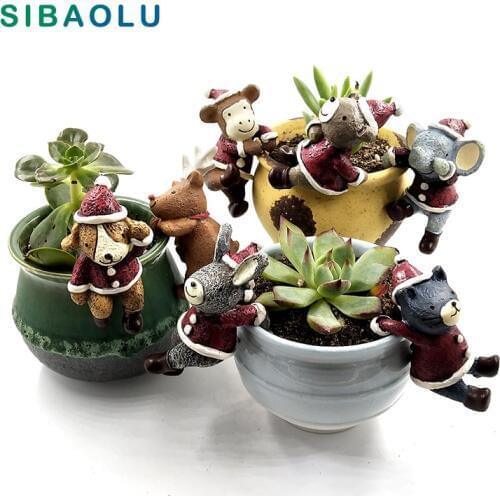 3pcs Climb Plant Pot Christmas Hat Animal Miniature figurine Home Decoration Mini Fairy Garden statue Resin craft toy ornaments