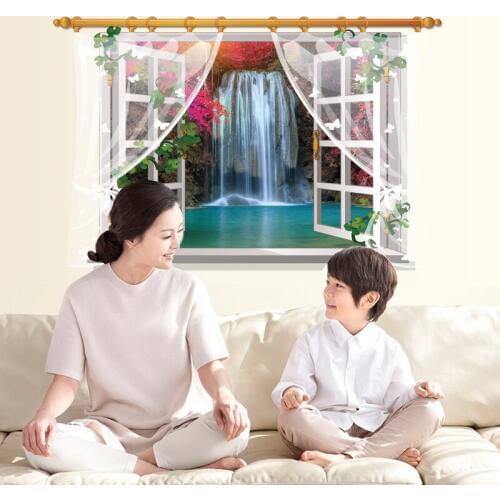 3D Window View Wall Sticker Waterfall Scenery Home Decoration Stickers Living Room Bedroom Art Mural Poster Wall Decals
