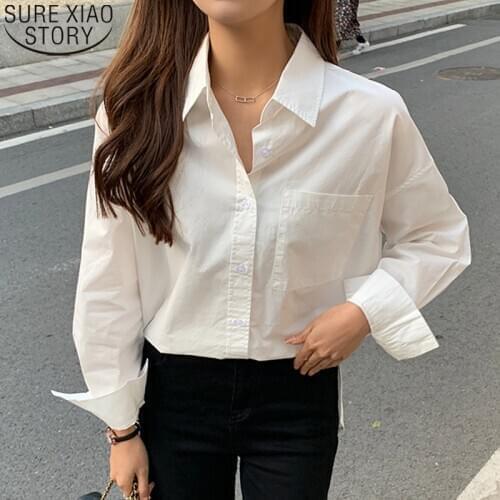 White Blouse Cotton Shirt Women Spring 2021 Long Shirt Oversize Long Sleeve Pocket Korean Fashion Loose Shirts Blusas Tops 13214