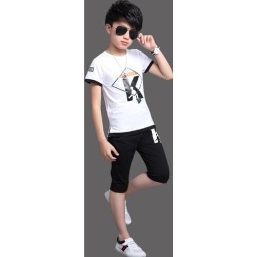 2021 New Summer Cotton Short Sleeve Letter Printing T Shirt +pant Boys Two-piece Casual Childrens Sport Suit 4 6 8 10 12 Ages