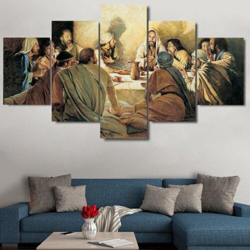 Christian Decor Painting 5 Panel Canvas Printing Painting Jesus Last Supper Home Decoration Wall Art Living Room Modular Picture