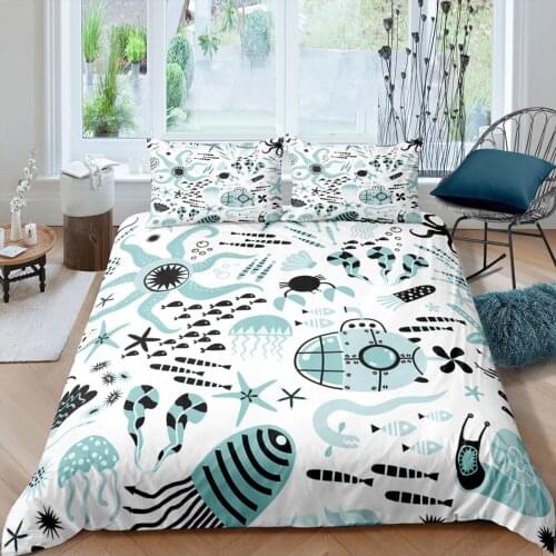 Sea Turtle Fish Duvet Cover Set Pillow Cases Ocean Animal Bedding Set Queen King Size Home Quilt Covers Adult Kids Bedclothes