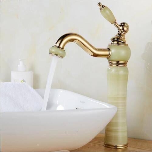 Basin Faucet Gold Crane Brass Jade Body 360 Degree Swivel Bathroom Basin Faucet Deck Mount Counter top Water Mixer Tap