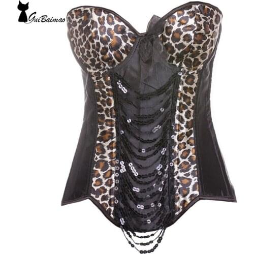 Leopard Corset Overbust Lace Up Boned Waist Trainer With Draped Strings and Metal Details