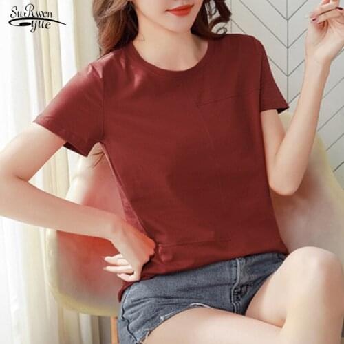 Summer 2021 New Solid Classic Pure Cotton Casual T-shirt Slim Short Sleeve Round Collar Stitching Plus Size Women Tops 13589