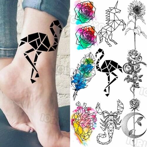 Flamingo Small Temporary Tattoos For Women Kids Realistic Unicorn Sun Flower Rose Snake Fake Tattoo Sticker Foot Arm Tatoos 3D