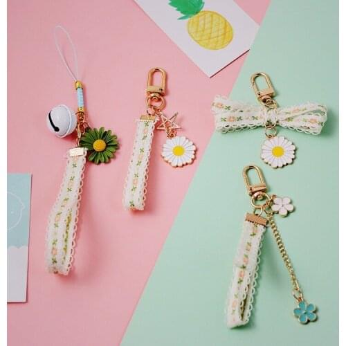 Cute Japanese Mobile Phone Lanyard Sunflower Key Chains with Bell Women Girl Gift Keyring Bag Charm Keychains Accessories
