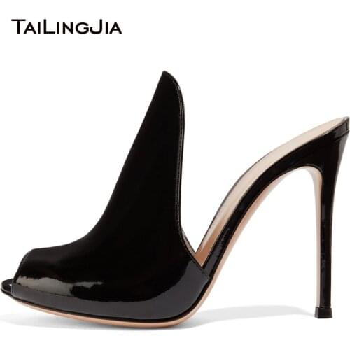 Peep Toe High Heel Mules Women Black Patent Leather Heeled Sandals Evening Dress Shoes Ladies Summer Party Heels Large Size 2018