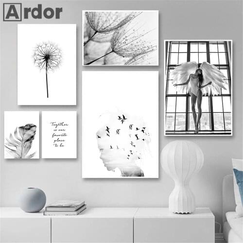 Dandelion Feather Wall Art Poster Women Wing Dance Canvas Painting Girl Head Bird Art Print Nordic Quotes Pictures Home Decor