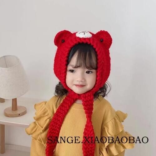 New childrens hat winter parent-child warm bear knitted lace-up soft girl hair band wool hat earmuffs earmuffs
