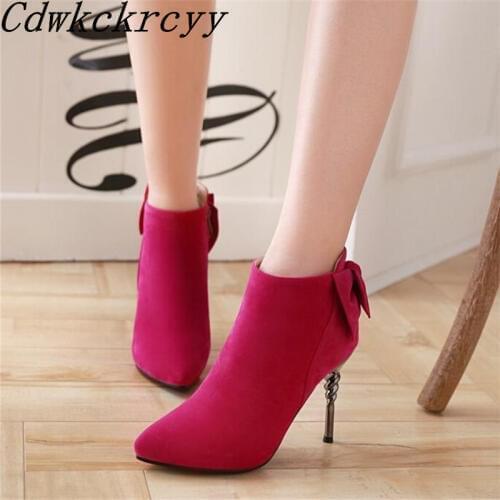 Winter New pattern fashion Europe and America Cusp gules Sweet Bow Suede Short boots Fine heel Add wool Keep warm Women Boots