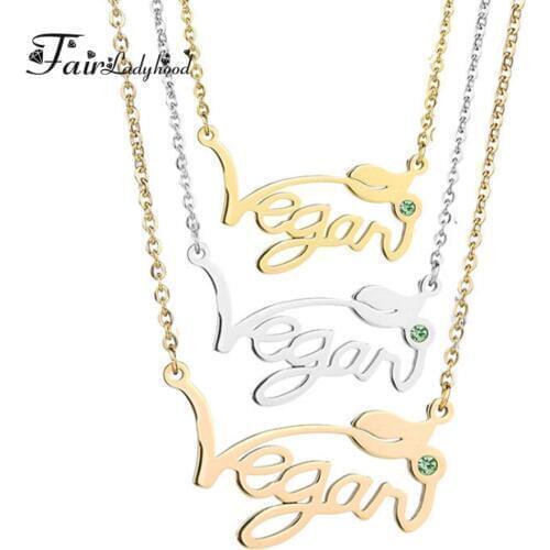FairLadyHood Vegan Stainless Steel Necklace Letters Silver/Gold/Rose Pendant Choker Vegan Jewelry Gift for Vegetarian People