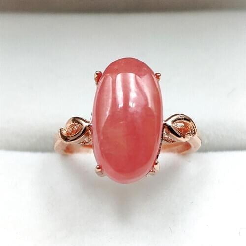 Genuine Natural Red Rhodochrosite Rose Crystal Adjustable Ring 15x9mm 925 Sterling Silver Women Ring Oval Bead AAAAA