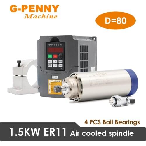 Air Cooled Spindle 1.5KW ER11 Diameter 80mm CNC Wood Working Spindle 4 PCS Bearings 24000rpm & 1.5KW HY Inverter & 80mm Bracket