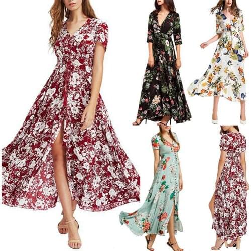 2021 Hot Sales!!Party Beach Bohemian Women Vintage Flower Leaf Print V Neck Big Swing Maxi Dress