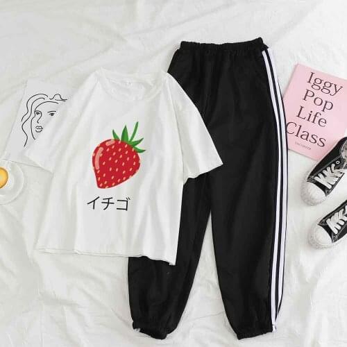 Japanese Style Pant Suits for Women Ladies 2 Pieces Top and Pant Sets Strawberry Letter Print Graphic T Shirts Striped Pants Set