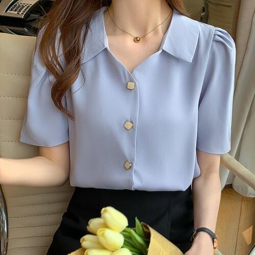2021 Summer Short Sleeve Blouses Femme Elegant OL Office Lady Chiffon Tops Shirts Buttons Up Blusas Mujer Loose Blouse Women