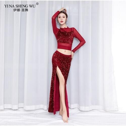 Women New Style Belly Dance Sequin Set New Oriental Dance Dance Competition Costume Top+Long Skirt 2pcs In Belly Dance Wear New