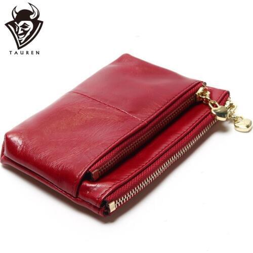 New TAUREN High Quality Genuine Leather Women Mini Wallet Oil Wax Leather Coin Purse Coin Credit Card Holder With Metal Ring