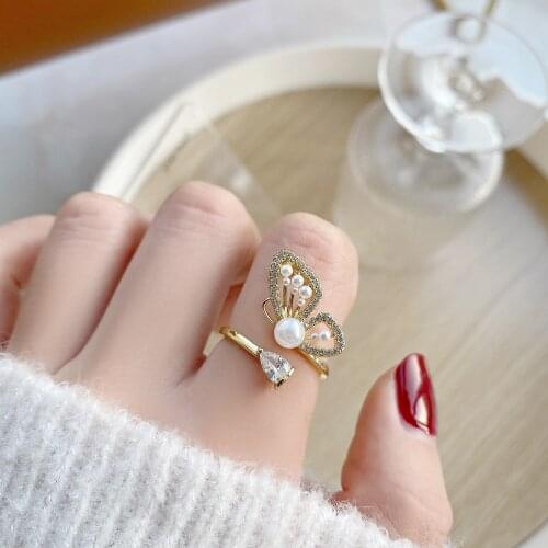 14k Real Gold Butterfly Wings Super Flash Micro Inlaid Zircon Pearl Temperament Opening Ring Bride Wedding Banquet Wear Jewelry