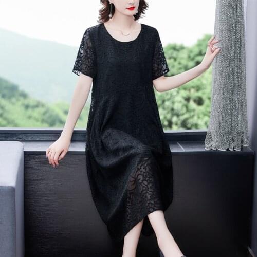 Women Vintage Loose Black Jacquard Midi Dress Summer Casual 5XL Plus Size Solid Dress 2021 Elegant Bodycon Party Runway Vestidos