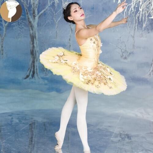 Women yellow fairy professional ballet tutu dress ballerina pancake platter classical performance ballet stage costume tutus