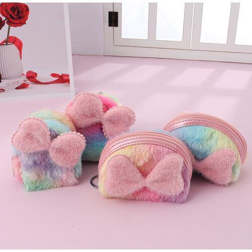 Winter Bowknot Colorful Plush Coins Purse Cute Shell Bag Money SchoolBag Card Holder Keychain Coins Purse Girl Daughter Gift
