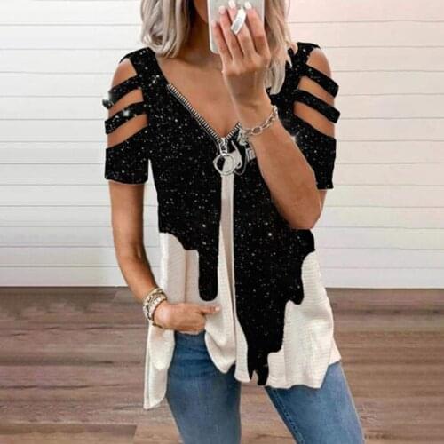 Plus Size Blouse Womens Sexy V-neck Zipper Graphic Print T Shirt Short Sleeve Casual Tunics Top Loose Strapless Blouse 2021