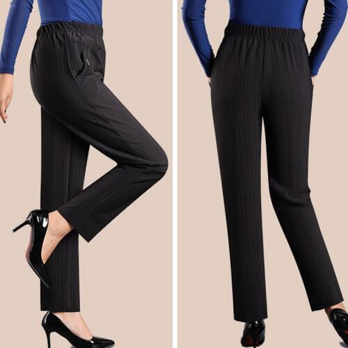 New Fashion Women Pants Pockets stripe Womens Loose Casual Female High Waist Pant Females Korean Style Retro Middle-aged elderly