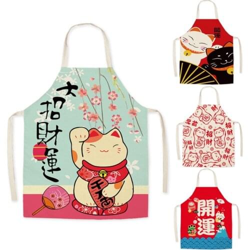 Lucky Cat Apron Kitchen Aprons Bibs Red Household Cleaning Pinafore Home Cooking Apron for Women Home Cleaning Tools Pinafores