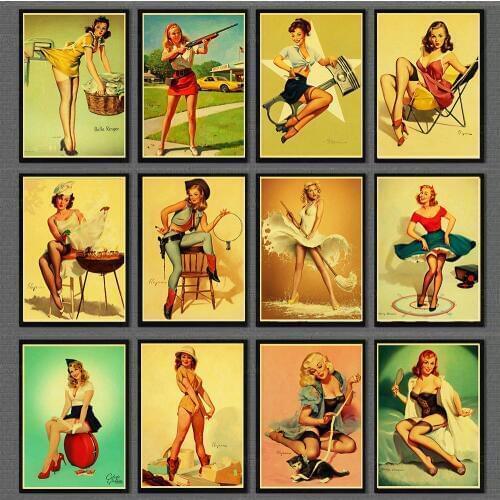 Vinatge World War II Sexy Pin up Girl Retro Poster Kraft Paper Printed Sexy Lady Art Posters and Prints Wall sticker Painting