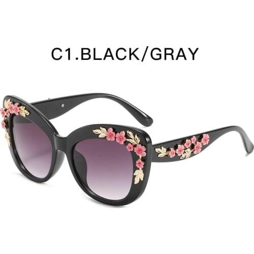 2021 Fashion Retro Design Flower Sunglasses For Women Vintage Metal Pink Rose Decorative Eyewear Oversize Cat Eye Sun Glasses