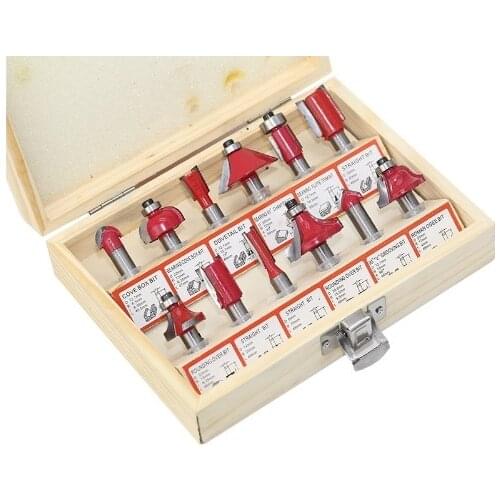 12PCS 8mm Shank Tungsten Carbide Router Bit Set Wood Woodworking Cutter Trimming Knife Forming Milling w/ Wood Case box