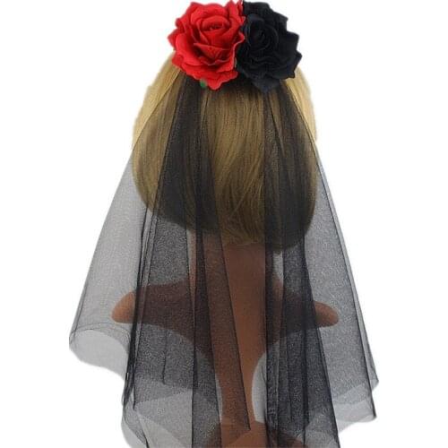 New Witch Dress Up Red and Black Rose Flower Veil Hairpin Dead of Halloween Party Hair Clip Ciel Phantomhive Cosplay Headwear
