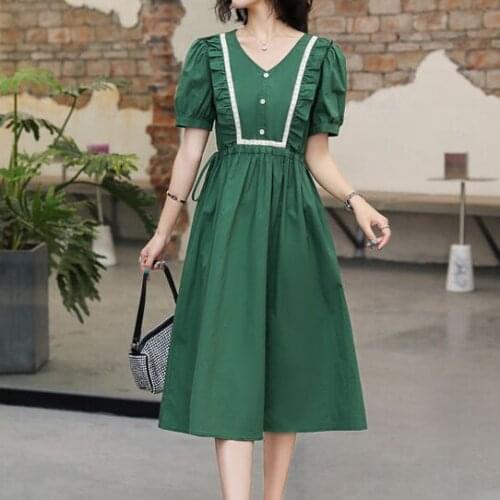 French bubble sleeves retro green dress womens summer cotton thin long vestido de mujer Square Collar Summer