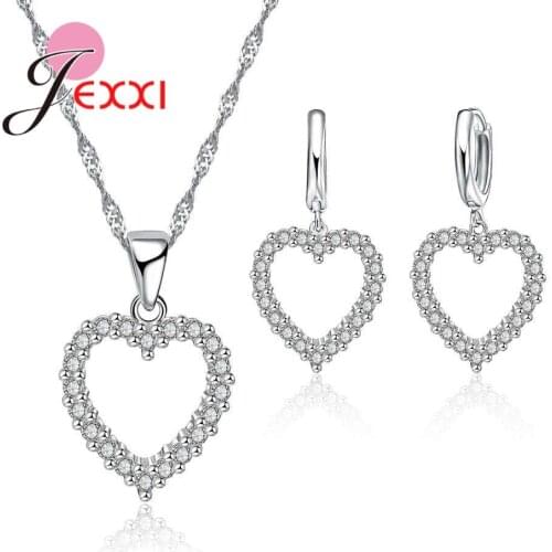 Simple 925 Sterling Silver CZ Crystal Heart Paved Full Zircon Pendant Necklace Earring For Woman Wedding Jewelry
